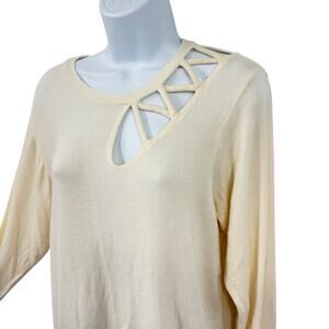 LNA Clothing Small Brushed Sweater Top Ivory Ribbed Keyhole Neck Long Sleeve